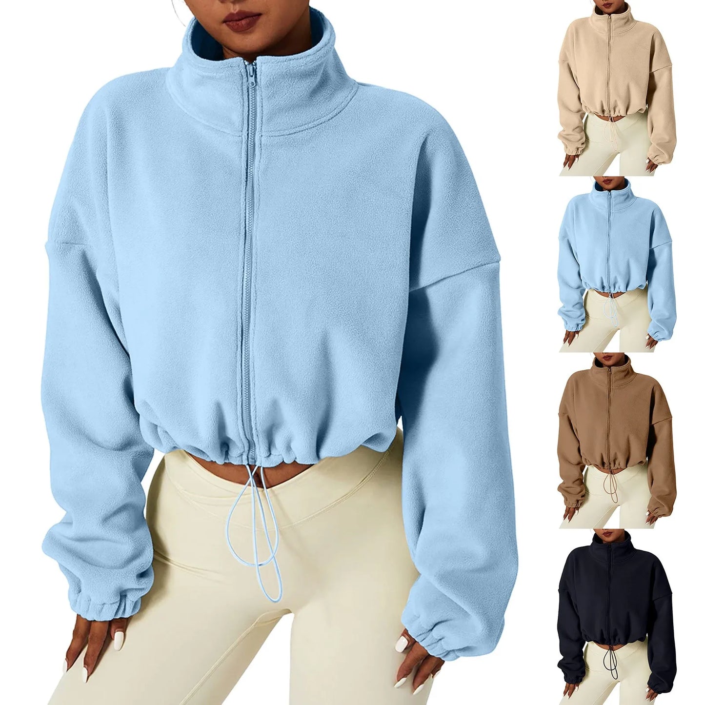 Women's Fleece Sweatshirt Oversized Zip Up Crop Jacket Winter Long Sleeve Stand Collar Workout Coat Anorak Jacket Harajuku Kpop