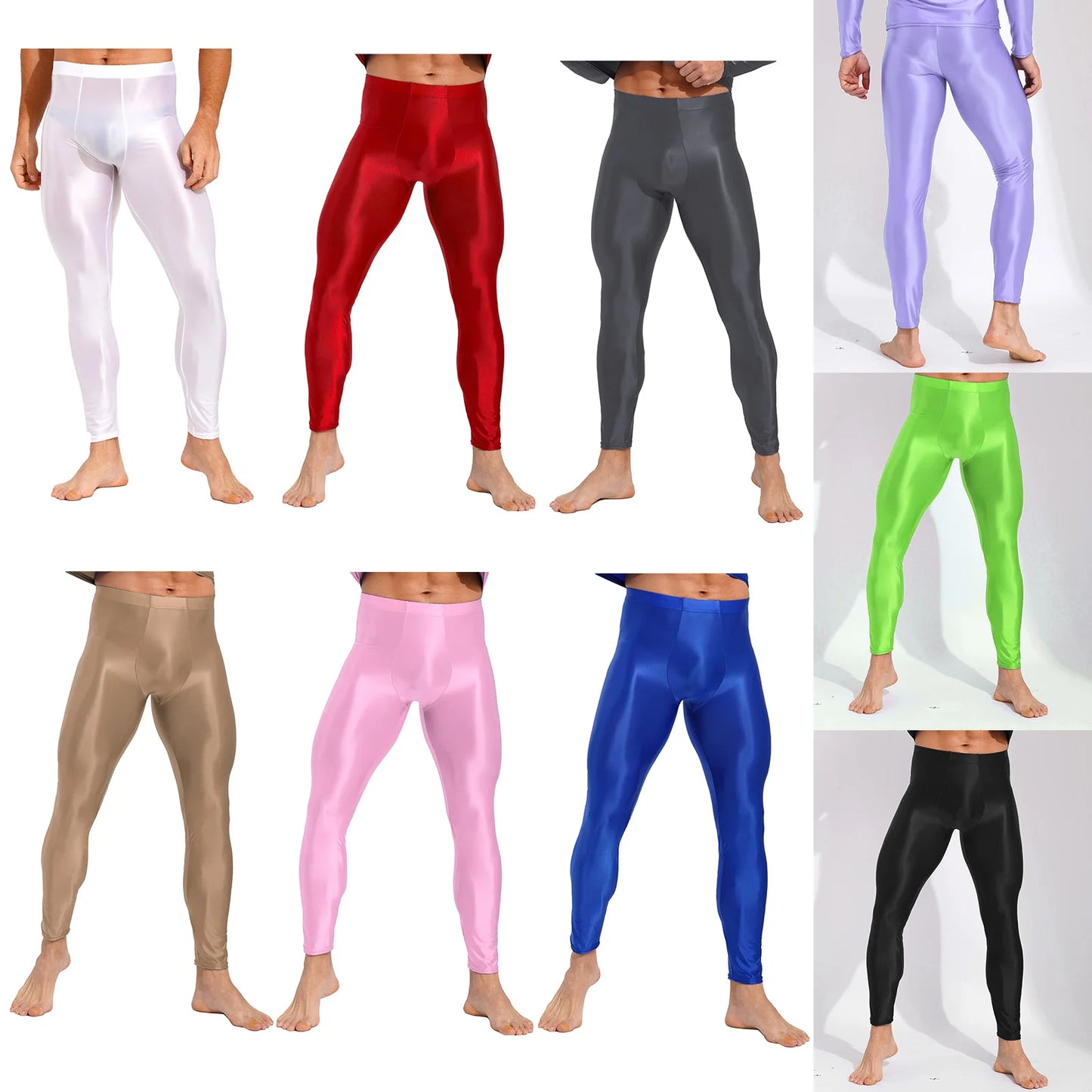 Mens Glossy Sports Pants Solid Color Leggings Elastic Waistband Skinny Pants Yoga Exercise Running Gym Fitness Male Trouser