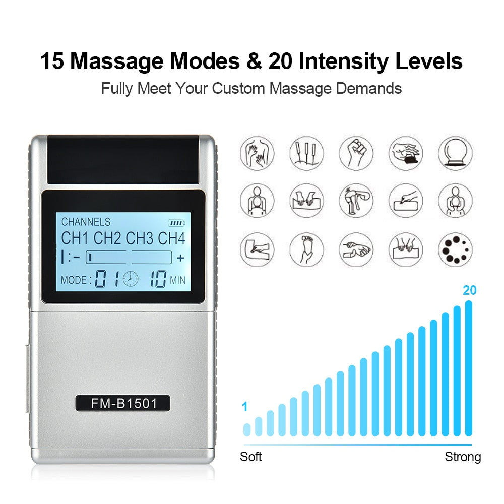 15 Mode TENS Therapy Massager 4 Output Electric EMS Nerve Muscle Stimulator Digital Pulse Low Frequency Body Massage Pain Relief