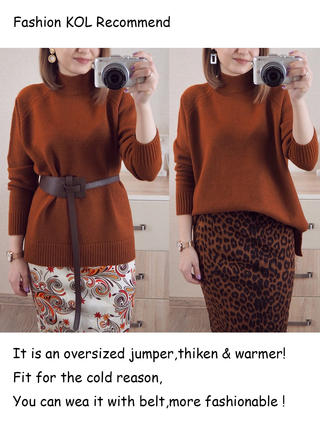 Women Mock Neck Pullovers Sweater High Quality Oversized Jumper Split Fall Winter Clothes Beige Purple Green 8 Colors C-114