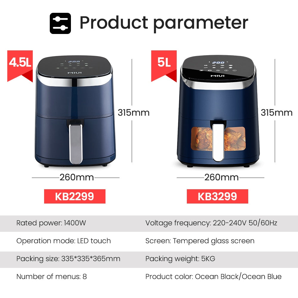 MIUI 4.5L/5L Air Fryer Without Oil Hot Air Electric Fryer with Viewable Window & Touch Screen Home Square Deep Fryer Ocean Heart