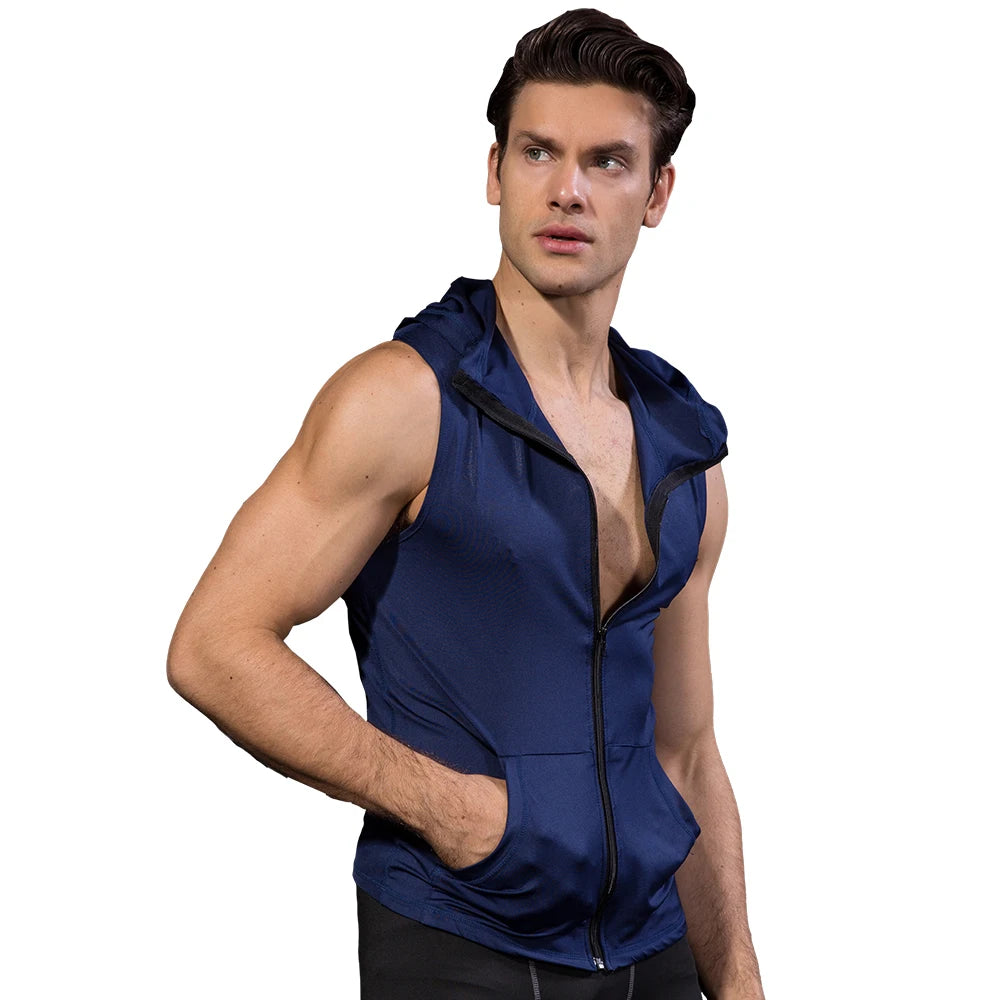 YD High Elastic Men's Jacket Hoodie Quick Dry Sleeveless Running Jacket Sport Vest Gym Fitness Tight Clothing Men's Sportswear