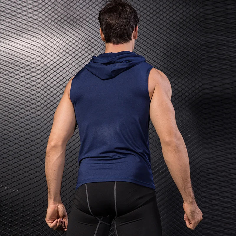 YD High Elastic Men's Jacket Hoodie Quick Dry Sleeveless Running Jacket Sport Vest Gym Fitness Tight Clothing Men's Sportswear