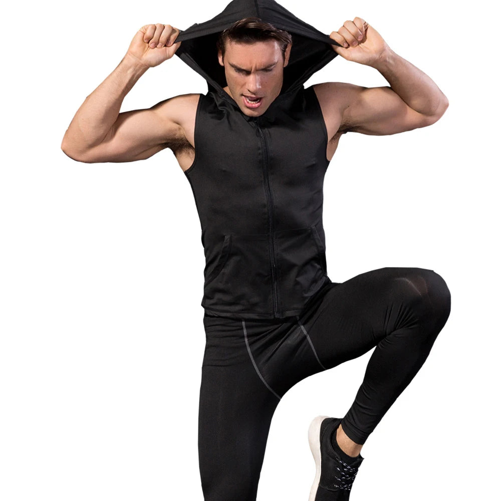 YD High Elastic Men's Jacket Hoodie Quick Dry Sleeveless Running Jacket Sport Vest Gym Fitness Tight Clothing Men's Sportswear