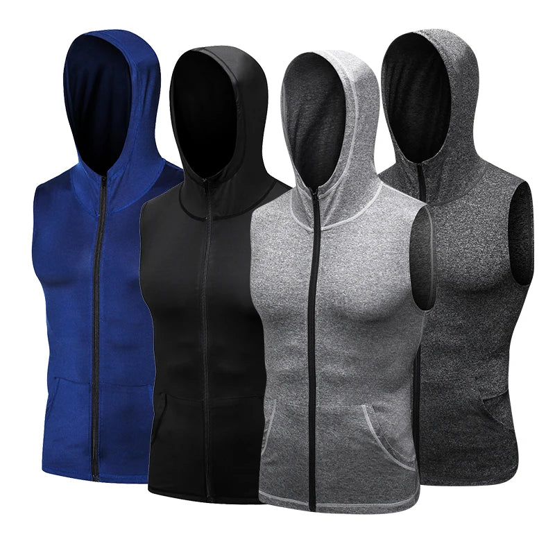 YD High Elastic Men's Jacket Hoodie Quick Dry Sleeveless Running Jacket Sport Vest Gym Fitness Tight Clothing Men's Sportswear