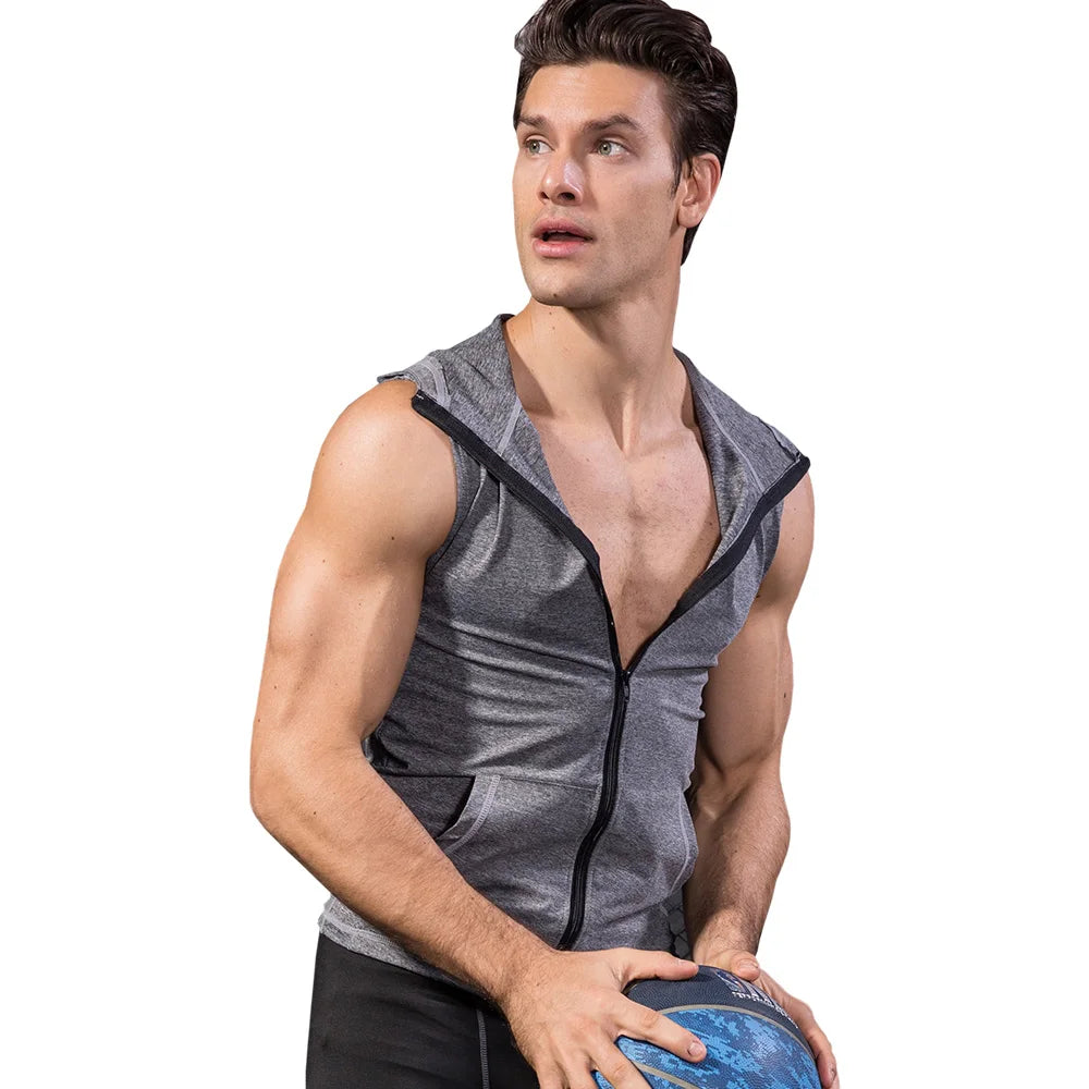 YD High Elastic Men's Jacket Hoodie Quick Dry Sleeveless Running Jacket Sport Vest Gym Fitness Tight Clothing Men's Sportswear