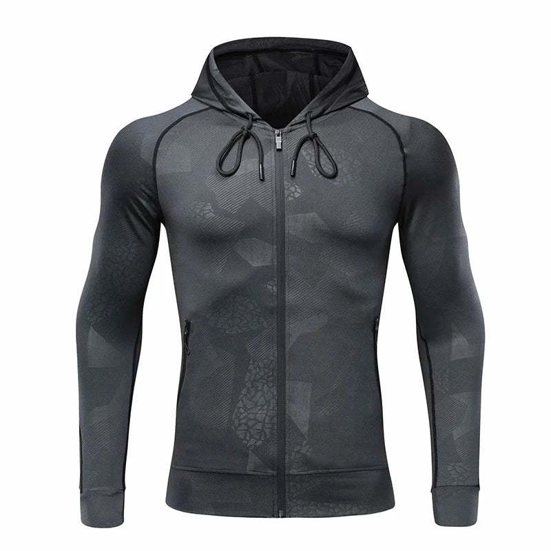 Men Running Jacket Sports Fitness Long Sleeves Hooded Tight Gym Soccer Basketball Outdoor Training Jogging Camouflage Hoodie Top