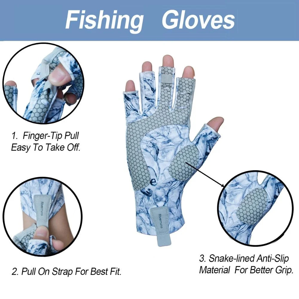 Riverruns Fingerless Fishing Gloves are designed for Men and Women Fishing, Boating, Kayaking, Hiking, Running, Cycling