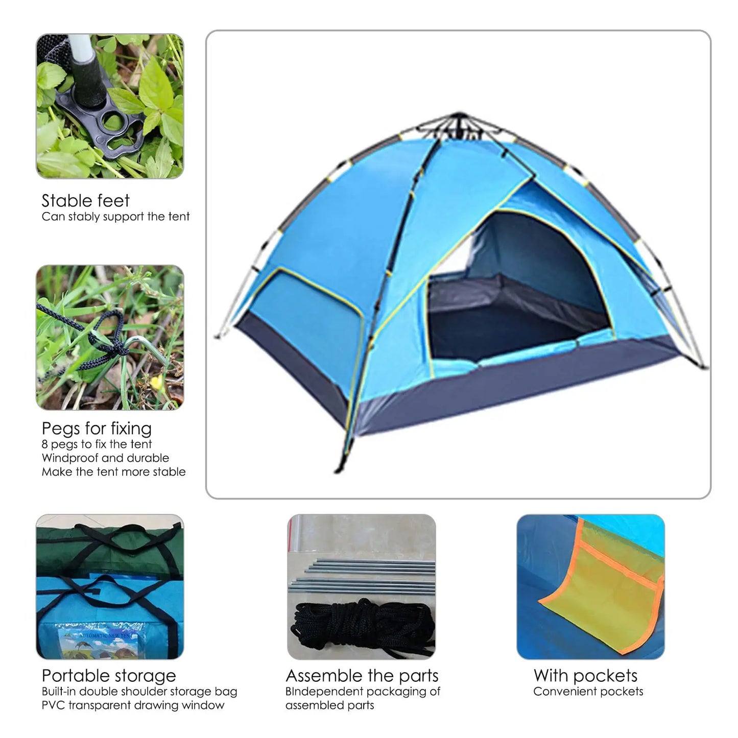 Double Layer Camping Automatic Pop UpTent Waterproof Lightweight Large Space 2-3 Person Easy Setup Tents For Hiking Travel Beach