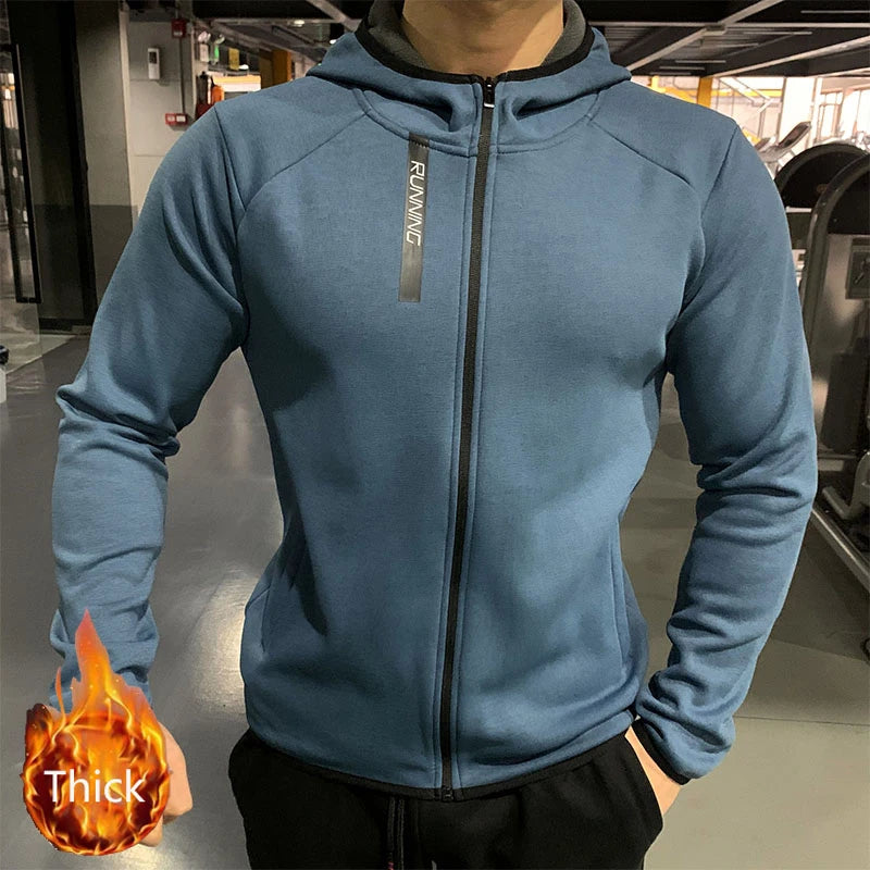 Zipper Up Plush Hoodies Thick Sports Jackets Men's Outdoor Running Hooded Gym Keep Warm Sportwear Coats Fitness Clothing Blue