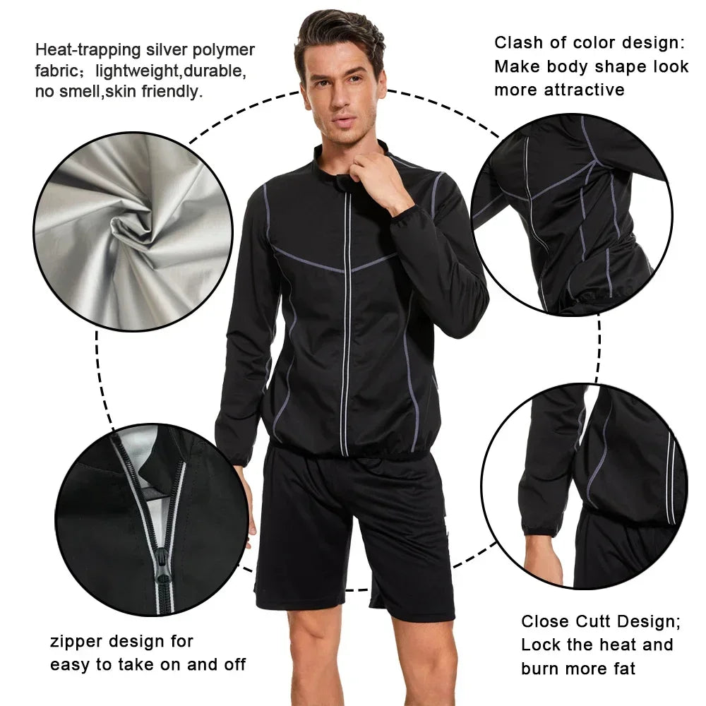 Jacket Men Sauna Sweat Body Shaper Hot Thermal Sportwear Slimming Long Sleeves Fitness Workout Fat Burning