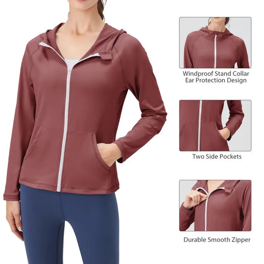 Women Hooded Jacket Running Coat  Zipper Long Sleeve Pocket Yoga Tops Slim Running Sweatshirts Quick Drying Gym Fitness Cardigan