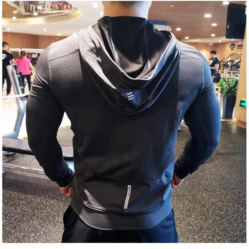 Sports Hoodies Running Fitness Jackets Elastic Tight Zipper Hooded Men Jogging Hoodie Sweatshirts Spring Casual Sportwear Black