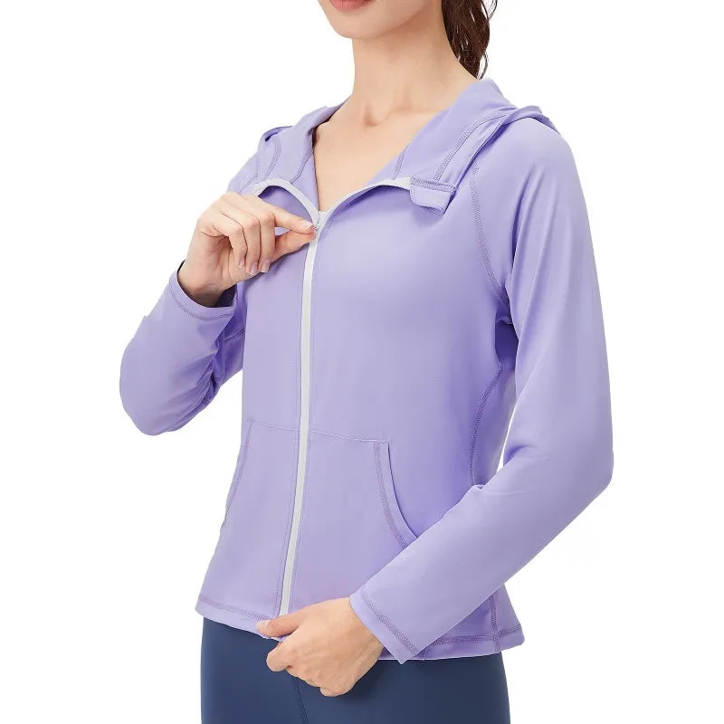 Women Fitness Coat Hooded Jacket Zipper Long Sleeve Pocket Yoga Tops Coat Slim Running Sweatshirts Quick Drying Gym Cardigan