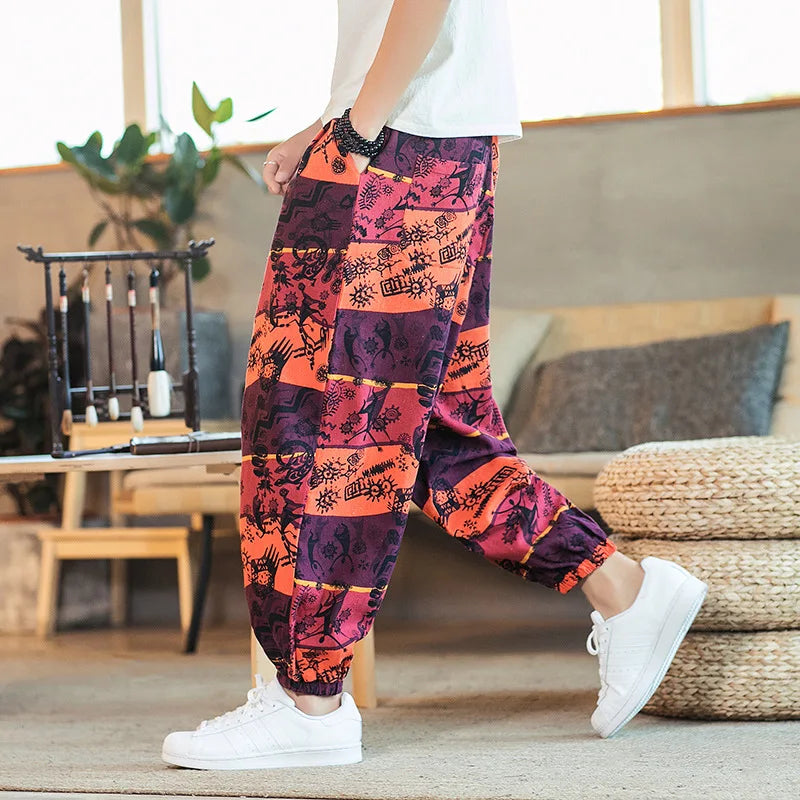 Spring Men Yoga Pant Sweatpant Linen Loose Wide Leg Harem Hippie Bloomers Baggy crotch pant Casual Jogger Running Athletic Pant