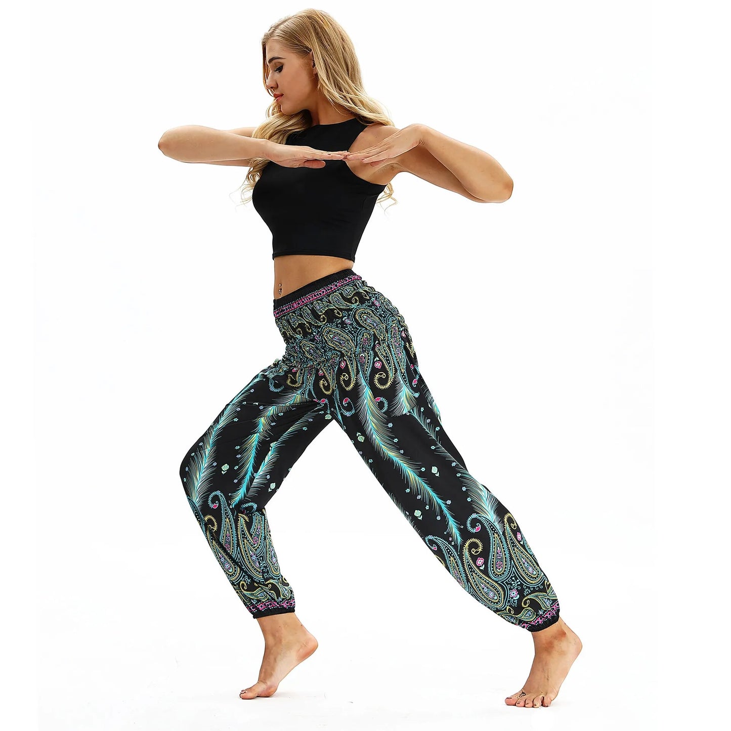 Women Loose Yoga Pants Boho Print High Waist Casual Trousers Sweatpants Casual Beach Harem Pants