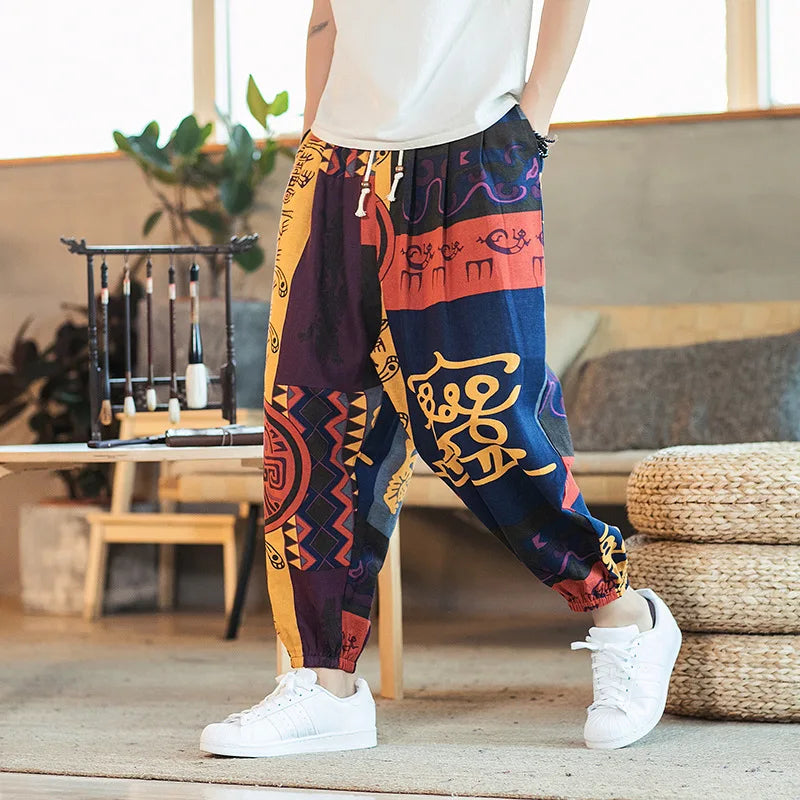 Spring Men Yoga Pant Sweatpant Linen Loose Wide Leg Harem Hippie Bloomers Baggy crotch pant Casual Jogger Running Athletic Pant