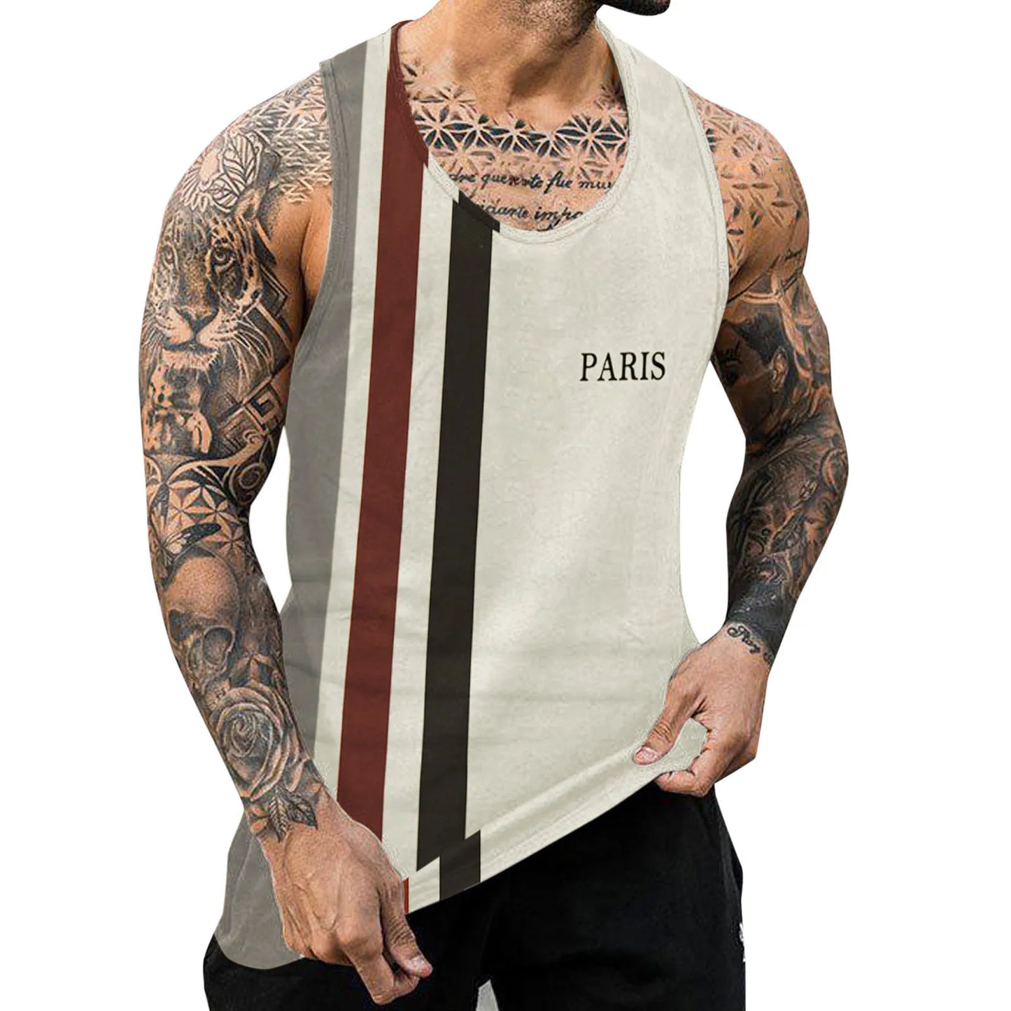 Male Striped Print Vest Tank Tops Summer Casual Round Neck Sleeveless Shirt Men Fitness Vest Singlet Sportswear Workout Tanktop