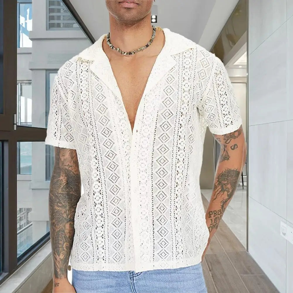 Men Summer Top Trendy Cardigan Men Summer Top Lace Men Top See-through Cutout Men T-shirt Men Garment