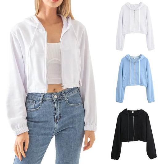 Women’s Cropped Zip Up Hoodie With Pockets Casual Long Sleeve Crop Sweatshirt Jacket Yoga Workout Long Sleeve Ladies Tops