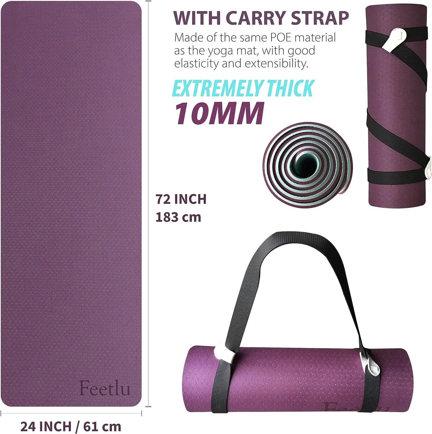 Yoga Mat with  10mm & 12mm Thick Yoga Mat, Non-Skid Dual Surface Workout Mat, Eco-Friendly POE Yoga Mats for Women Men Ki