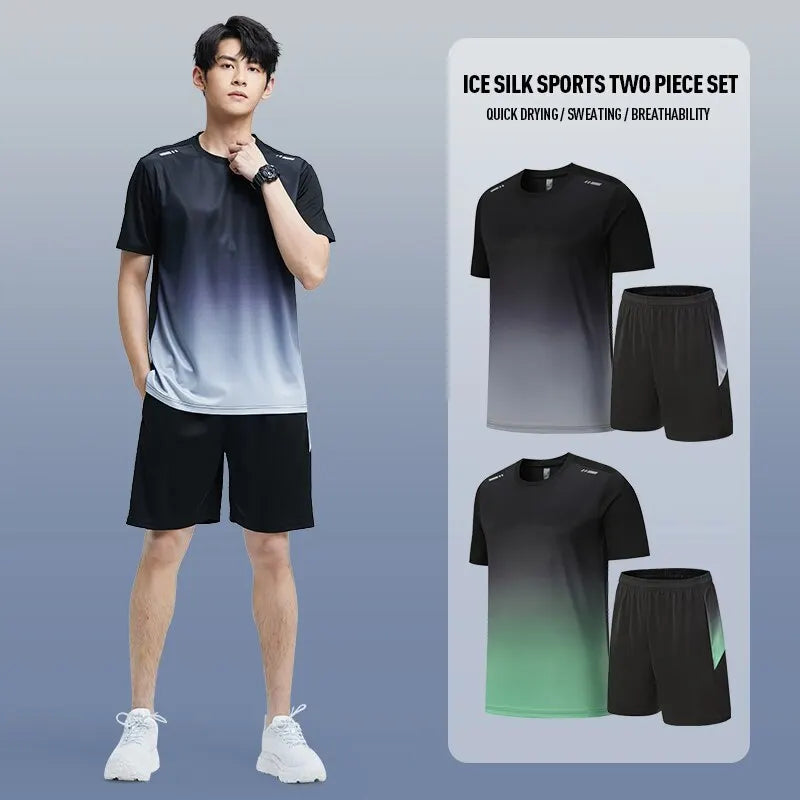 Fitness Clothes Men'S Ice Silk Quick-Dry Sportswear Set Summer Short-Sleeved T-Shirt Morning Running Basketball Training Room Sh