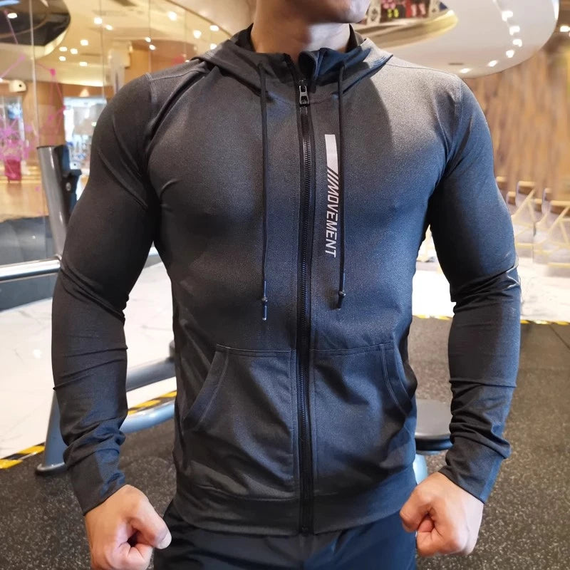 Sports Hoodies Running Fitness Jackets Elastic Tight Zipper Hooded Men Jogging Hoodie Sweatshirts Spring Casual Sportwear Black