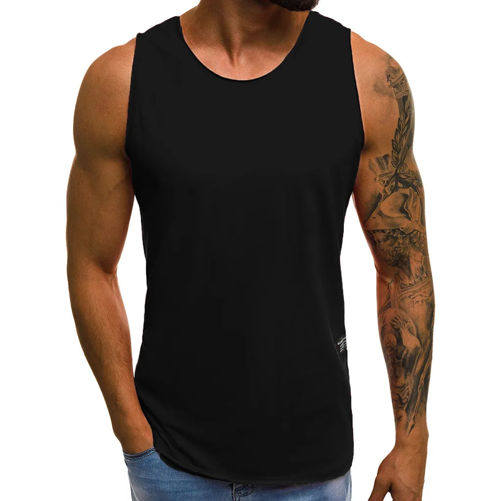 White T Shirt Men'S Summer Sleeveless Blouse Gym Fitness Muscle Tee Tops Solid Color Sweat Bodybuilding Tshirts Exercise Vest