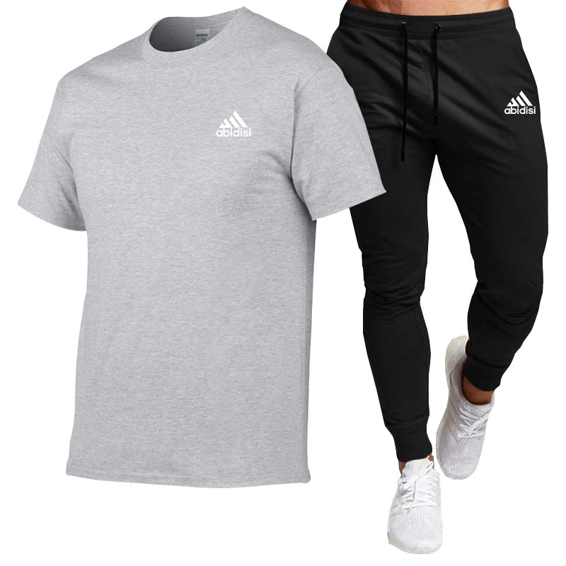 Summer Men's Suit Cotton T-shirt Short Sleeved Top+Black Casual Sports Pants Two-Piece Set Of Fashionable Comfortable Clothing