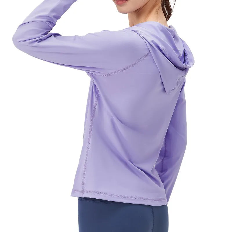 Women Hooded Jacket Running Coat  Zipper Long Sleeve Pocket Yoga Tops Slim Running Sweatshirts Quick Drying Gym Fitness Cardigan