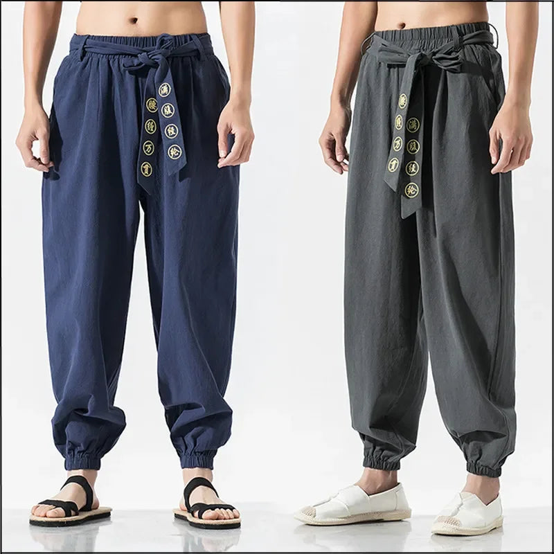 Men Hippie Harem Pants Baggy Linen Boho Yoga Casual Drop Crotch Trouser Men's Casual Jogger Pants with Elastic Waist