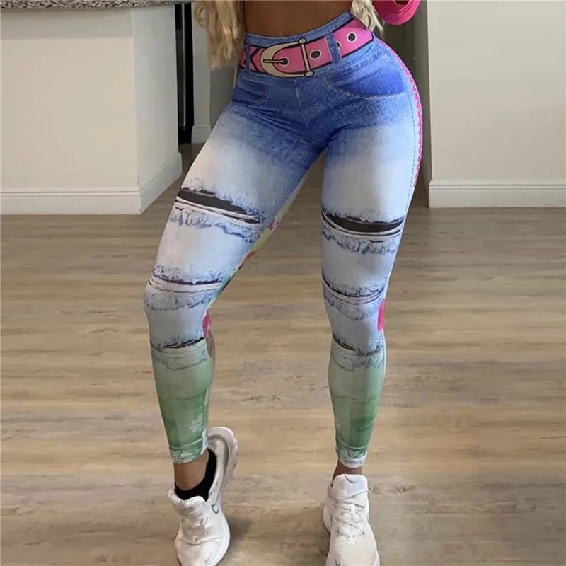 Woman Fashion Denim Yoga Pants Brand Sport Leggings Print Fitness Leggins Slim Gym Tights High Waist Leggings Sportswear