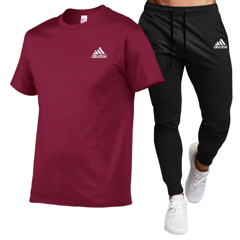 Summer Men's Suit Cotton T-shirt Short Sleeved Top+Black Casual Sports Pants Two-Piece Set Of Fashionable Comfortable Clothing