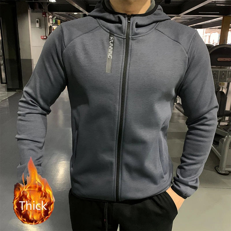 Zipper Up Plush Hoodies Thick Sports Jackets Men's Outdoor Running Hooded Gym Keep Warm Sportwear Coats Fitness Clothing Blue