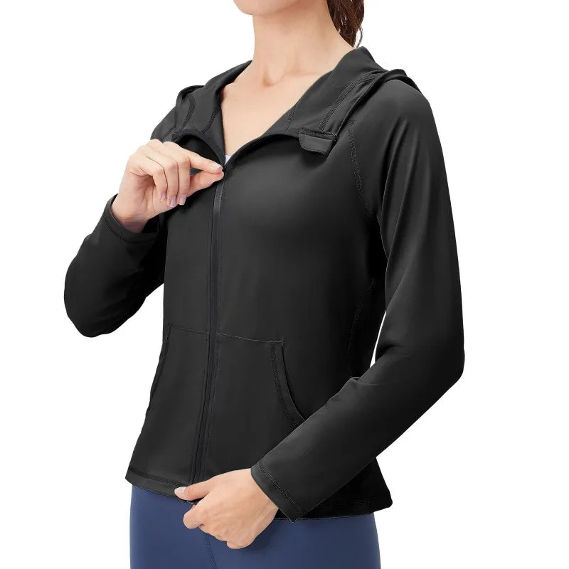 Women Hooded Jacket Running Coat  Zipper Long Sleeve Pocket Yoga Tops Slim Running Sweatshirts Quick Drying Gym Fitness Cardigan