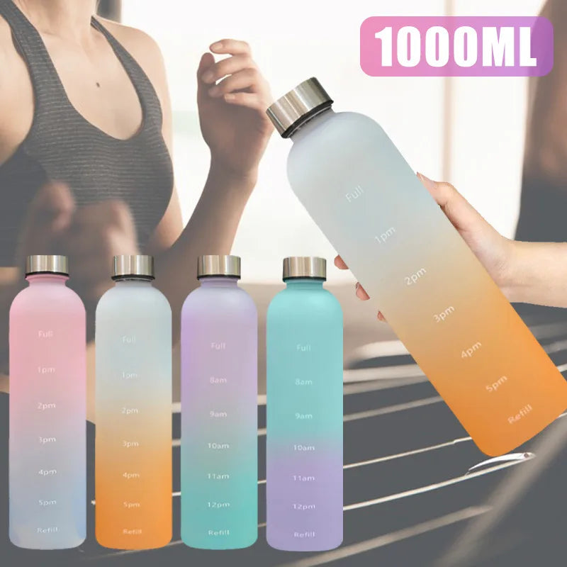 1L Water Bottle With Time Marker 32 OZ Motivational Reusable Frosted Plastic Leakproof Fitness Sports Outdoors Travel BPA Free