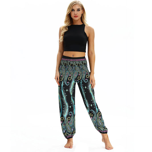 Women Loose Yoga Pants Boho Print High Waist Casual Trousers Sweatpants Casual Beach Harem Pants