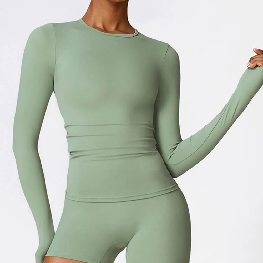 Women Yoga T-shirts Solid Sports Top Long Sleeve Gym Workout Running Shirts Exposed Navel Quick Dry Fitness Gym Sport Wear