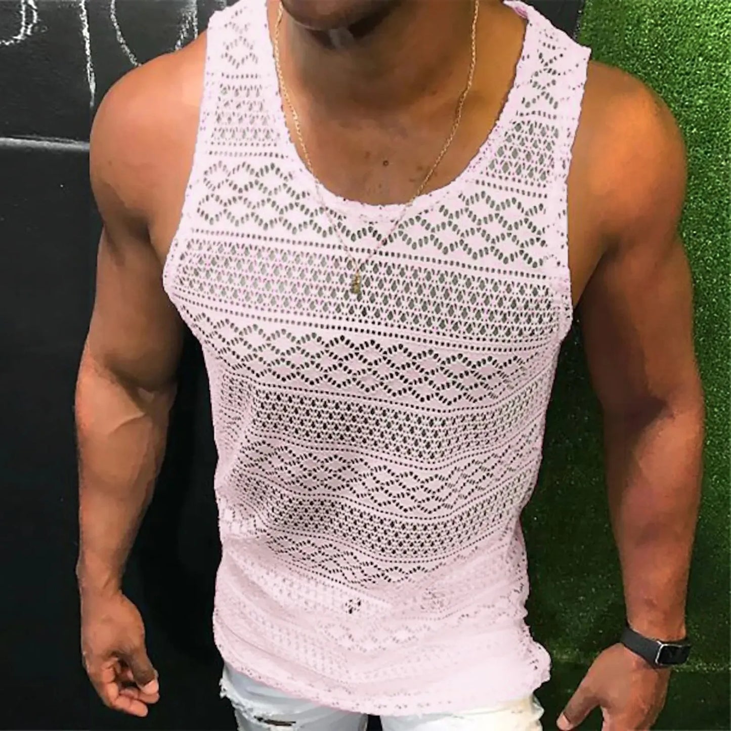 Men's Tank Top Hollow Breathable Vest Summer See Through Vest Crewneck Sleeveless Tank Tops Muscle Mesh Shirts Fitness Vest