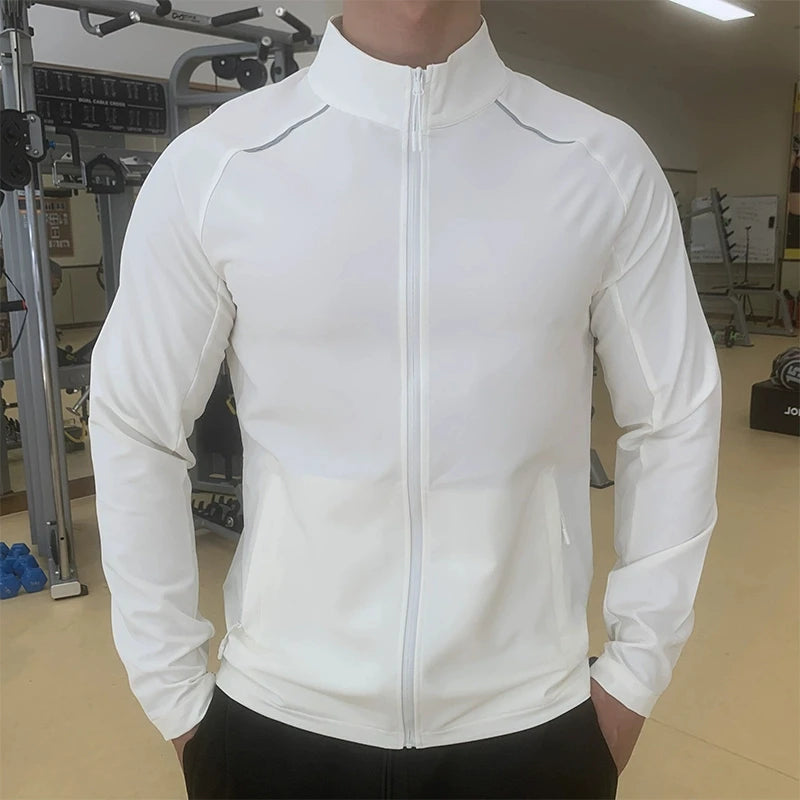 Men's Running Sport Jackets Quick Dry Stand Collar Long Sleeve Jacket with Zip Pockets Workout Training Coats For Man White Coat