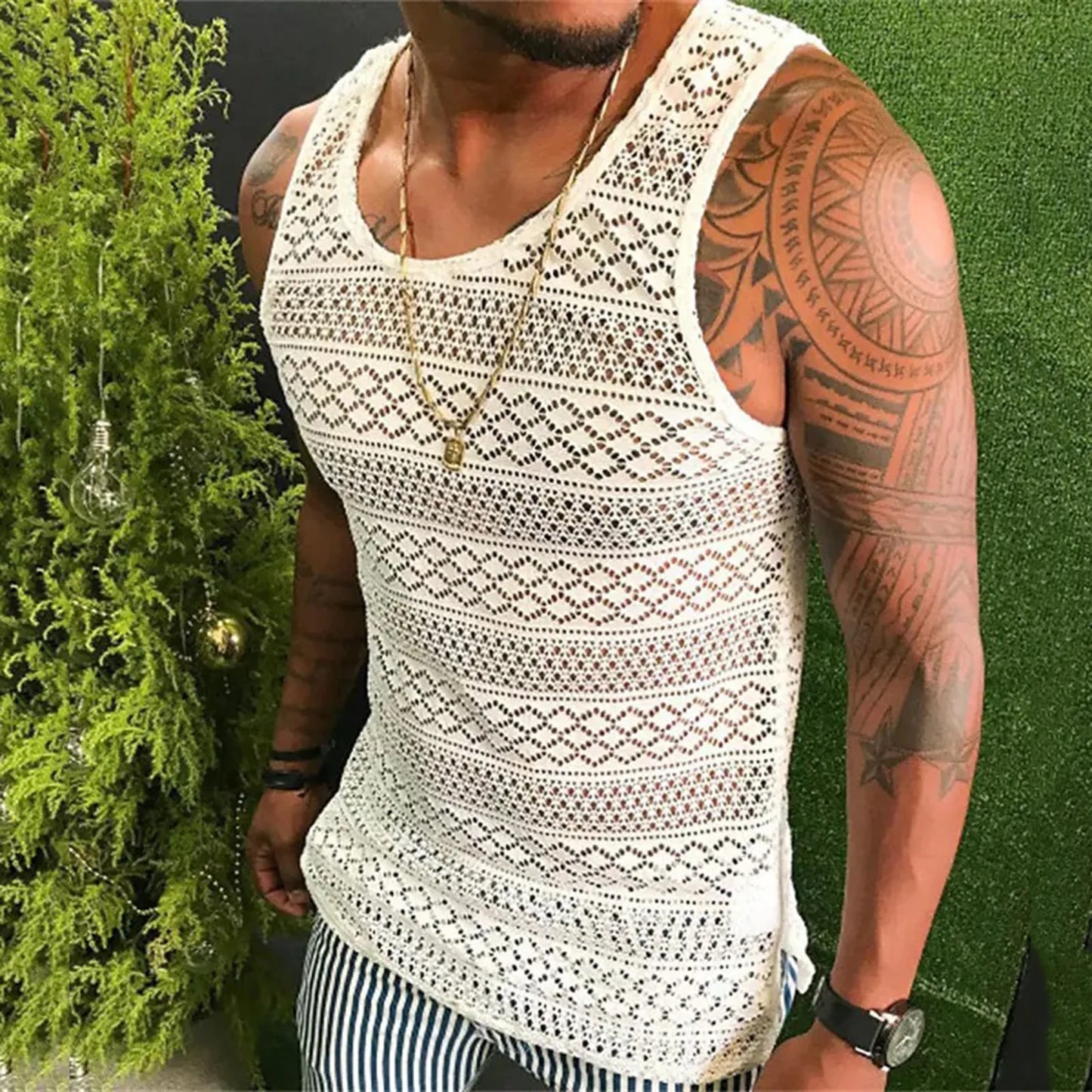 Men's Tank Top Hollow Breathable Vest Summer See Through Vest Crewneck Sleeveless Tank Tops Muscle Mesh Shirts Fitness Vest