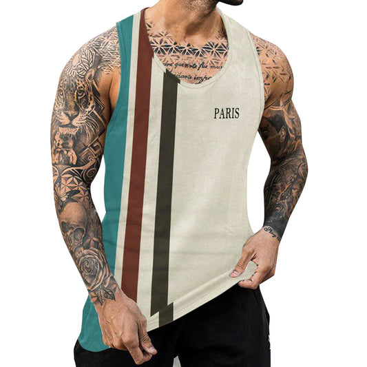 Male Striped Print Vest Tank Tops Summer Casual Round Neck Sleeveless Shirt Men Fitness Vest Singlet Sportswear Workout Tanktop