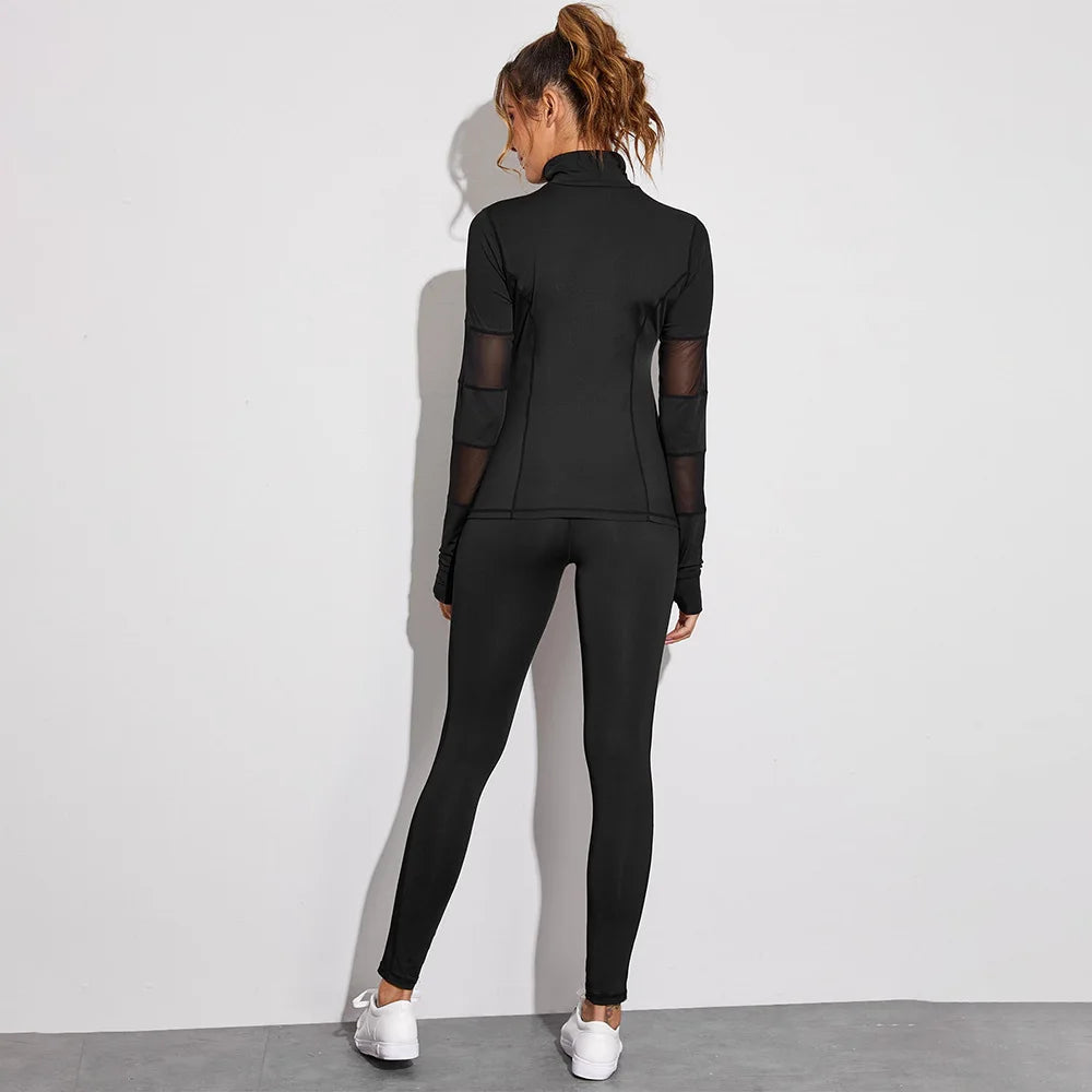 1 Set Winter Fitness Yoga Set Women Solid Color Stretch Athletic Suit Zipper Jacket High Waist Leggings Female Sportswear Black