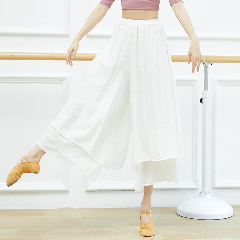 Dance Yoga Pants Ladies Wide Leg Pants Cotton Silk Linen Split Wide Leg Pants Dance Performance Training Pants Plus Size 2XL