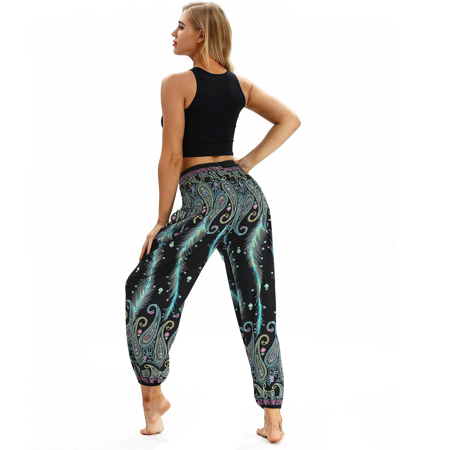 Women Loose Yoga Pants Boho Print High Waist Casual Trousers Sweatpants Casual Beach Harem Pants
