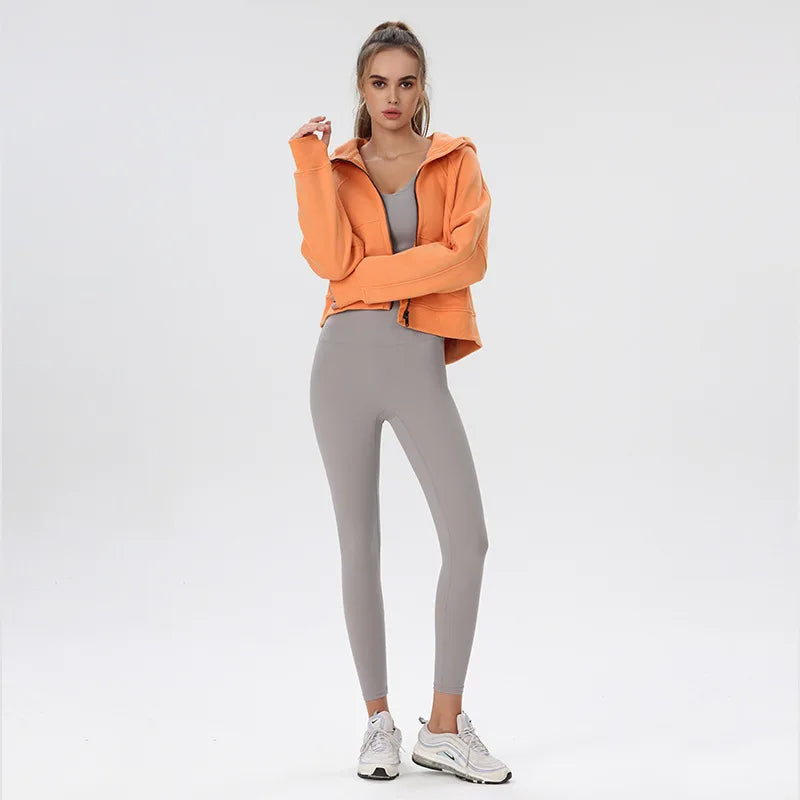 New Scuba Oversized Full Zip Short Hooded Jacket for Women's Autumn and Winter Plush Sports Yoga Running Fitness Warmth