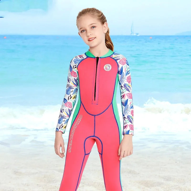 Children's 2MM Neoprene Wetsuit One-piece Long-sleeved Summer Diving Suit Sunscreen Cartoon Surfwear Swimsuit For Girls Swimwear