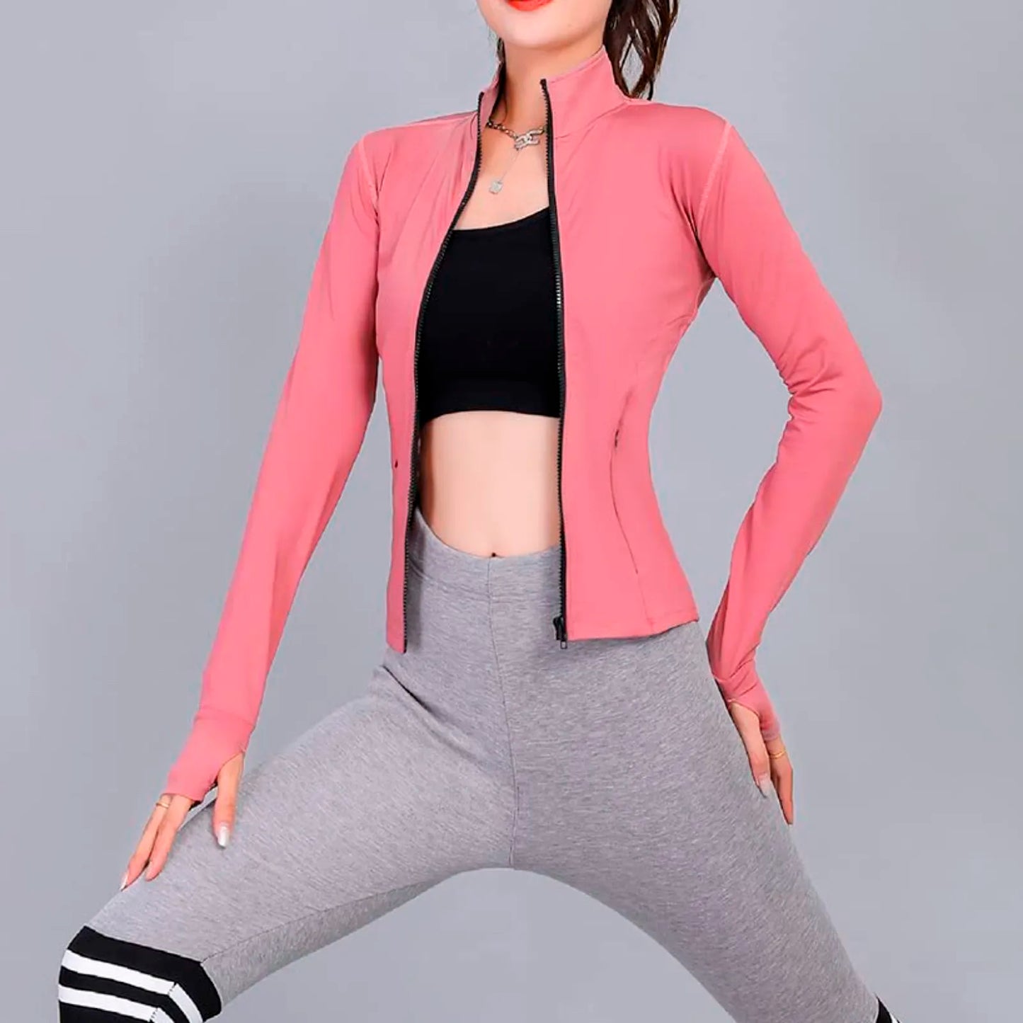 Women Zipper Sport Jacket Long Sleeve Fitness Running Coat Thumb Hole Sportwear Gym Workout Activewear Top