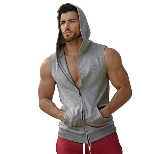 Summer Men's Zip Hooded Tank Top Solid Color Casual Sports Fitness Sleeveless Top Vest Tanks Clothes Dropshipping