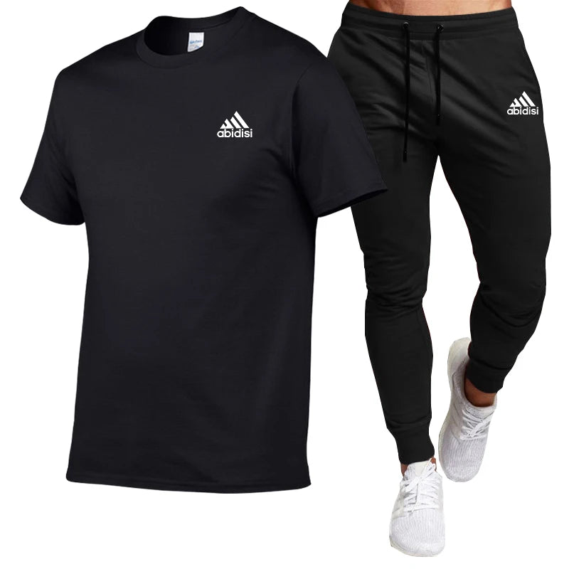 Summer Men's Suit Cotton T-shirt Short Sleeved Top+Black Casual Sports Pants Two-Piece Set Of Fashionable Comfortable Clothing